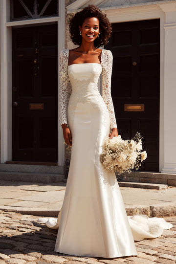 Robe de mariée sirène blanche bateau à manches longues appliquée balayage traîne